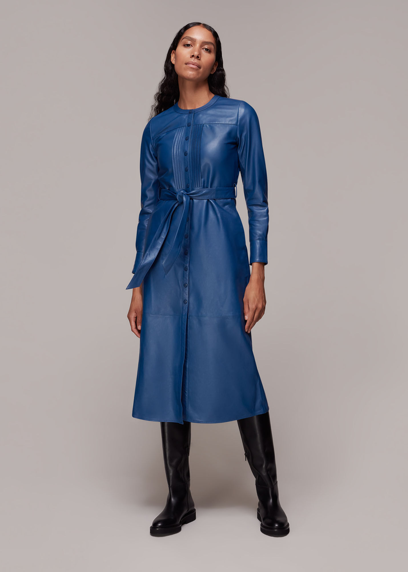 blue leather dress